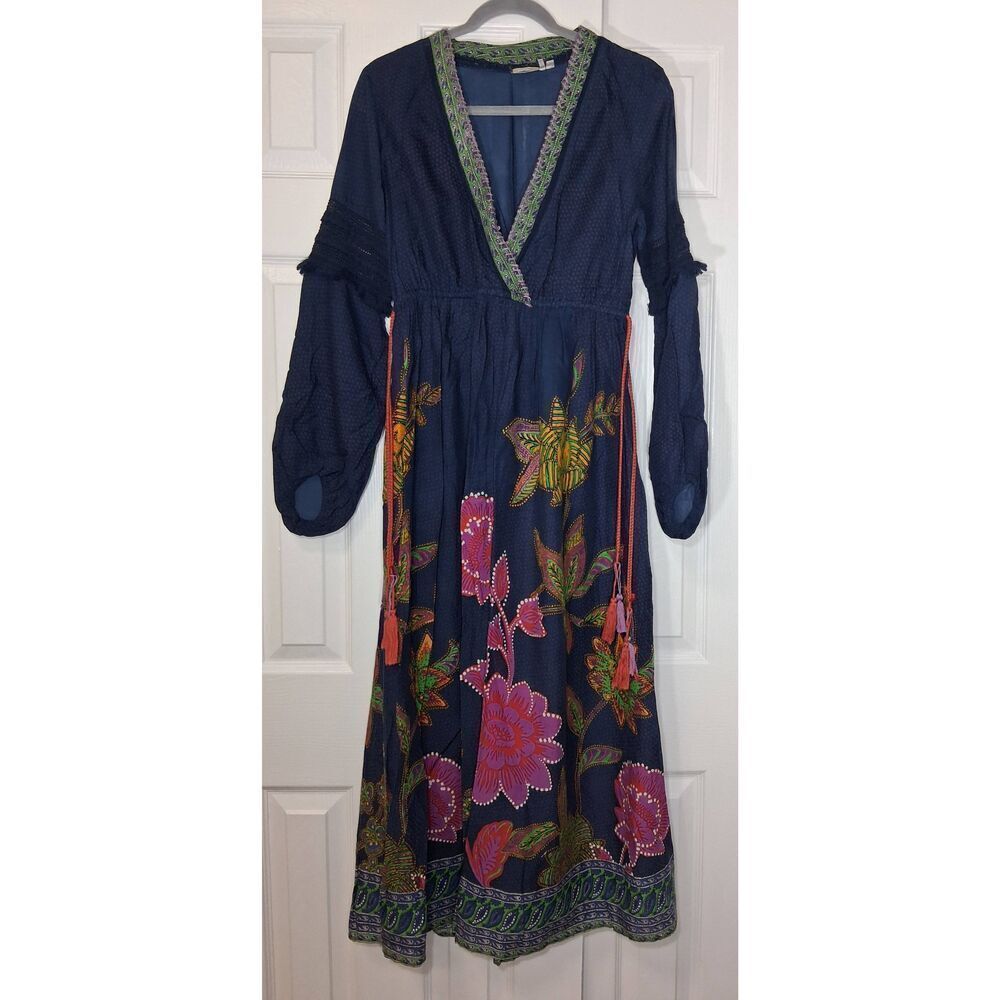 Lilka Anthropologie womens small maxi long boho dress peasant blue floral farm